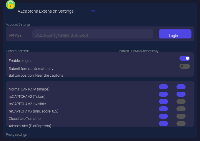 AZcaptcha Extension Settings